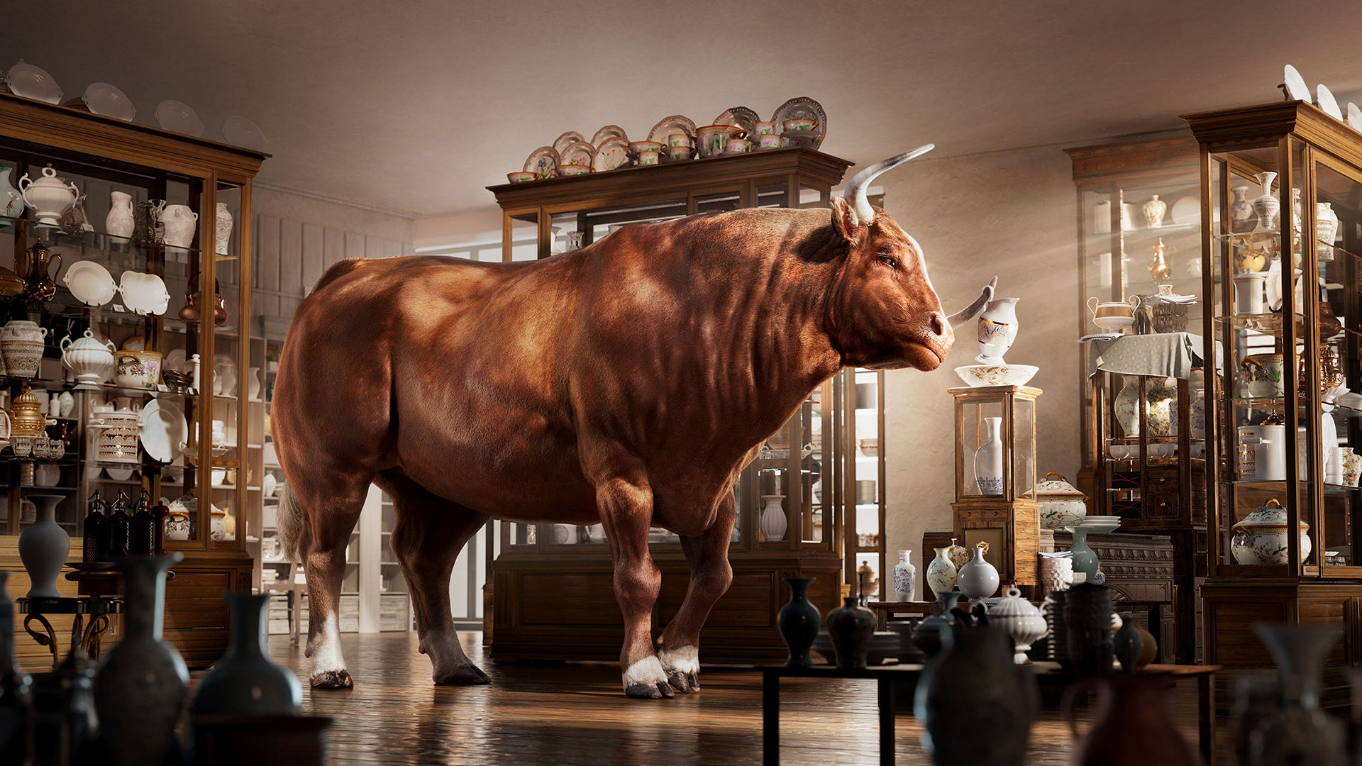 CGI artists and retoucher electric art create a hyper realistic bull in a china shop