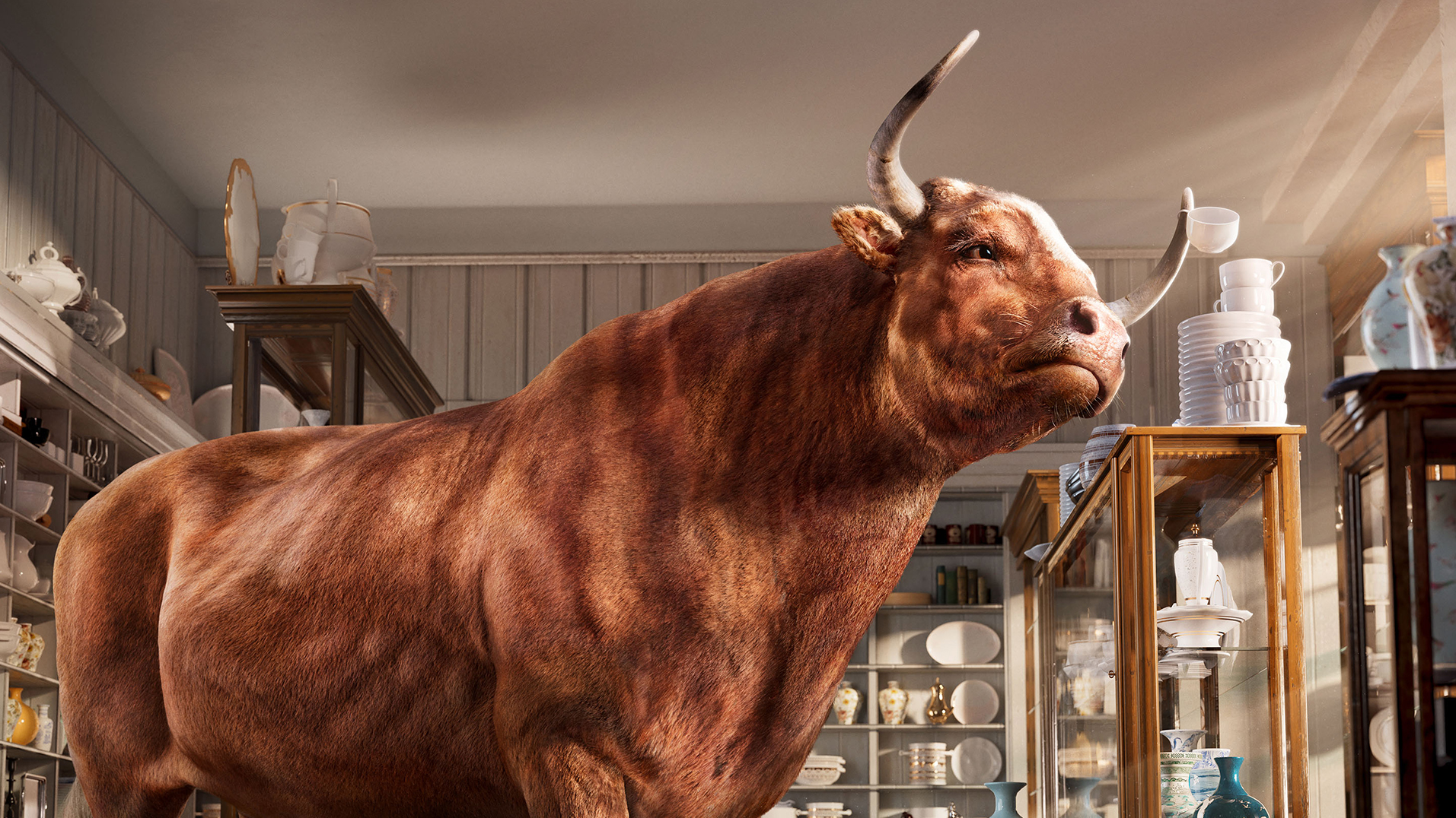 CGI artists and retoucher electric art create a hyper realistic bull in a china shop