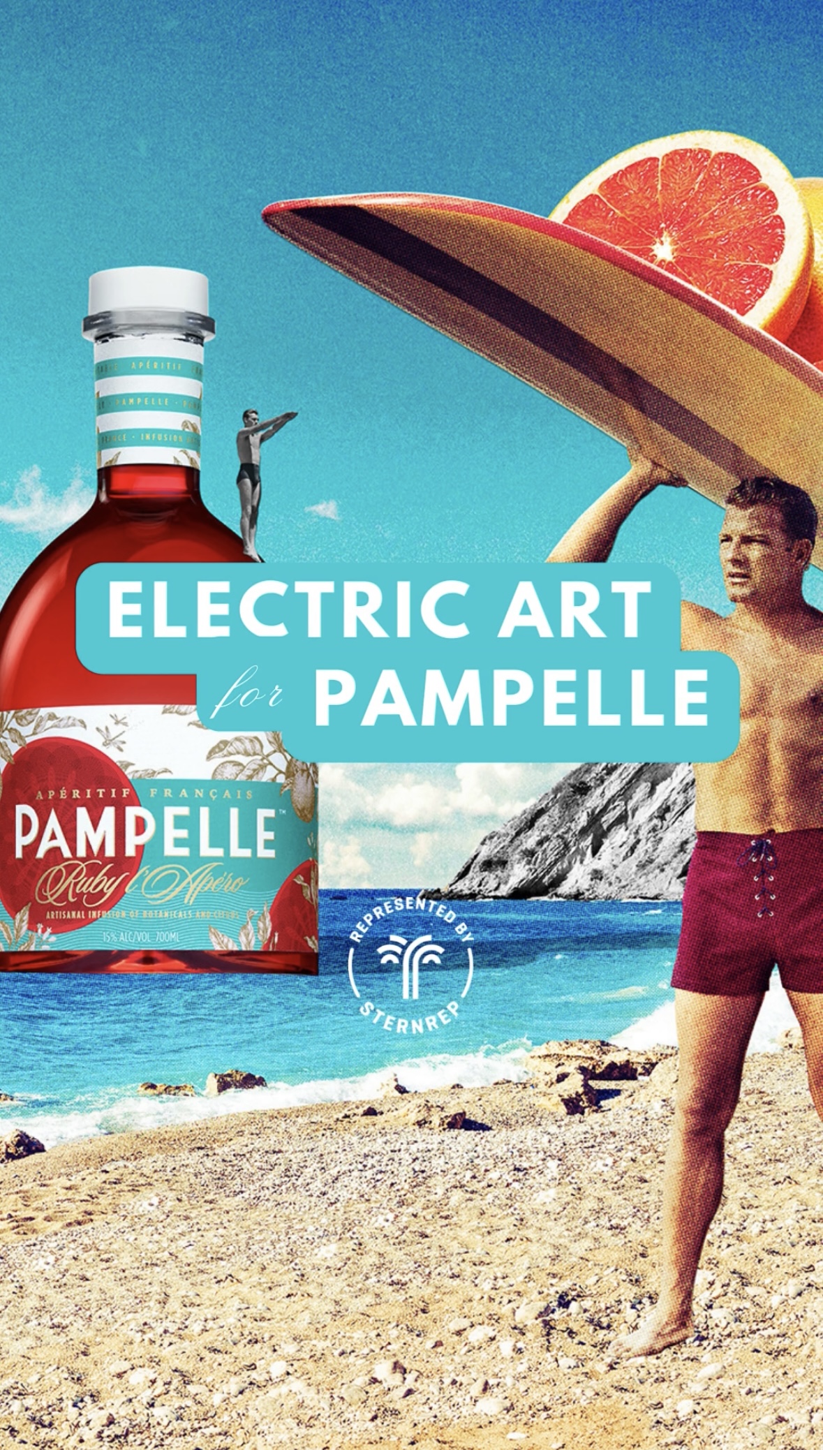 Collage work of cocktail on the beach in the south of france by Electric art for Pampelle