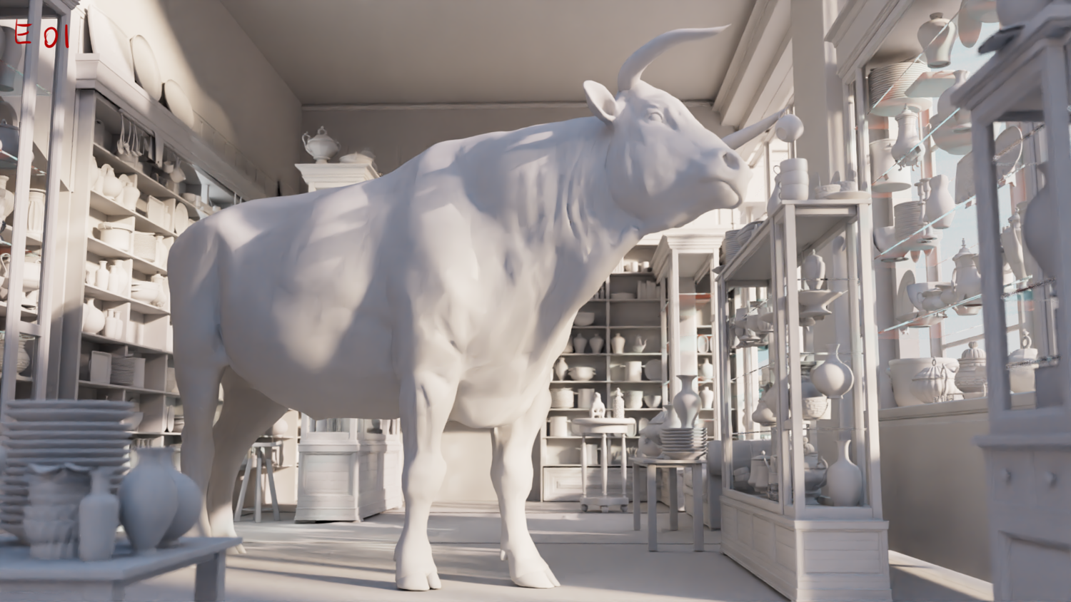 CGI artists and retoucher electric art create a hyper realistic bull in a china shop